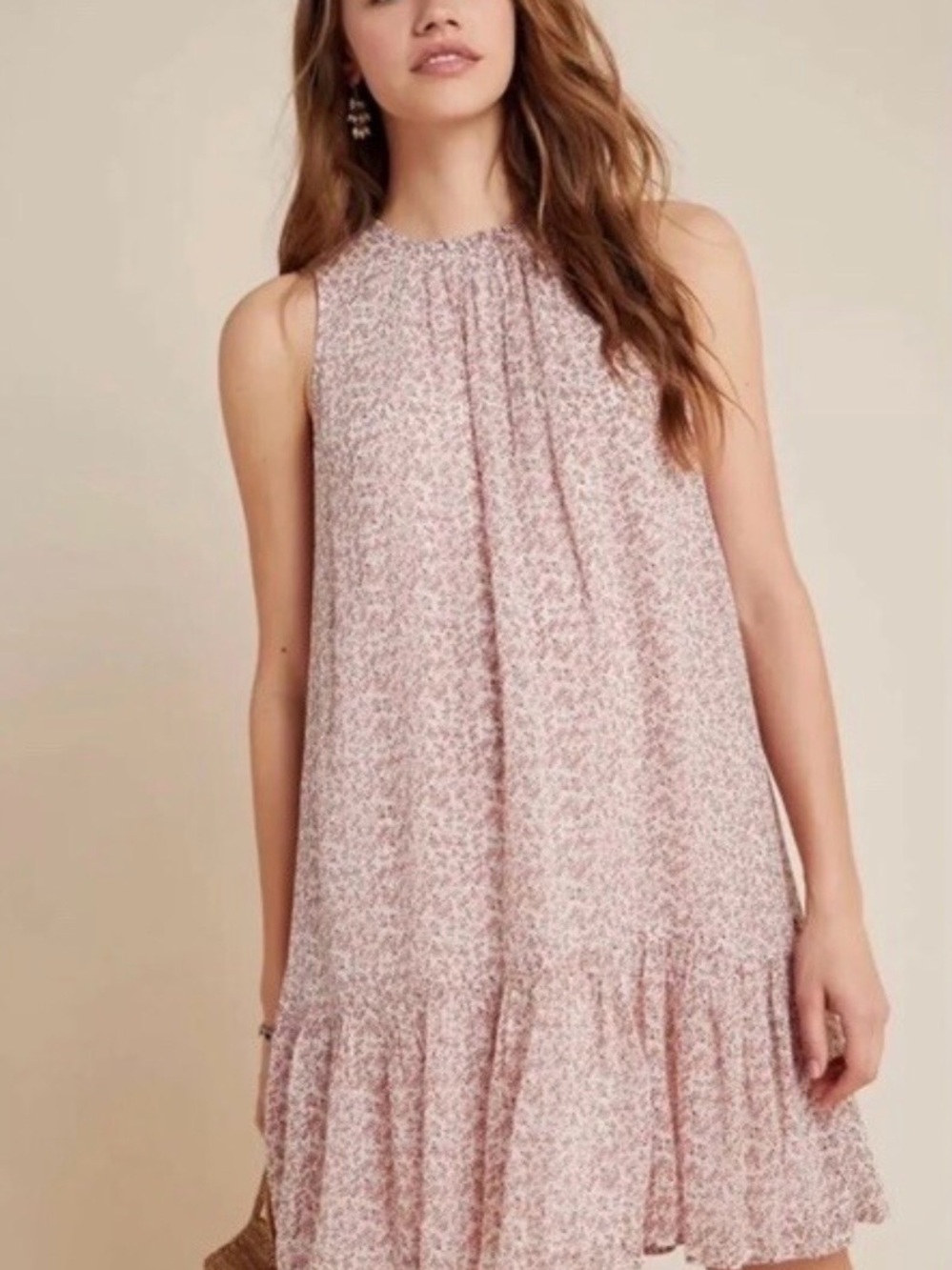 Anthropologie Sleeveless Pink Floral Ruffle Hem Tunic Dress